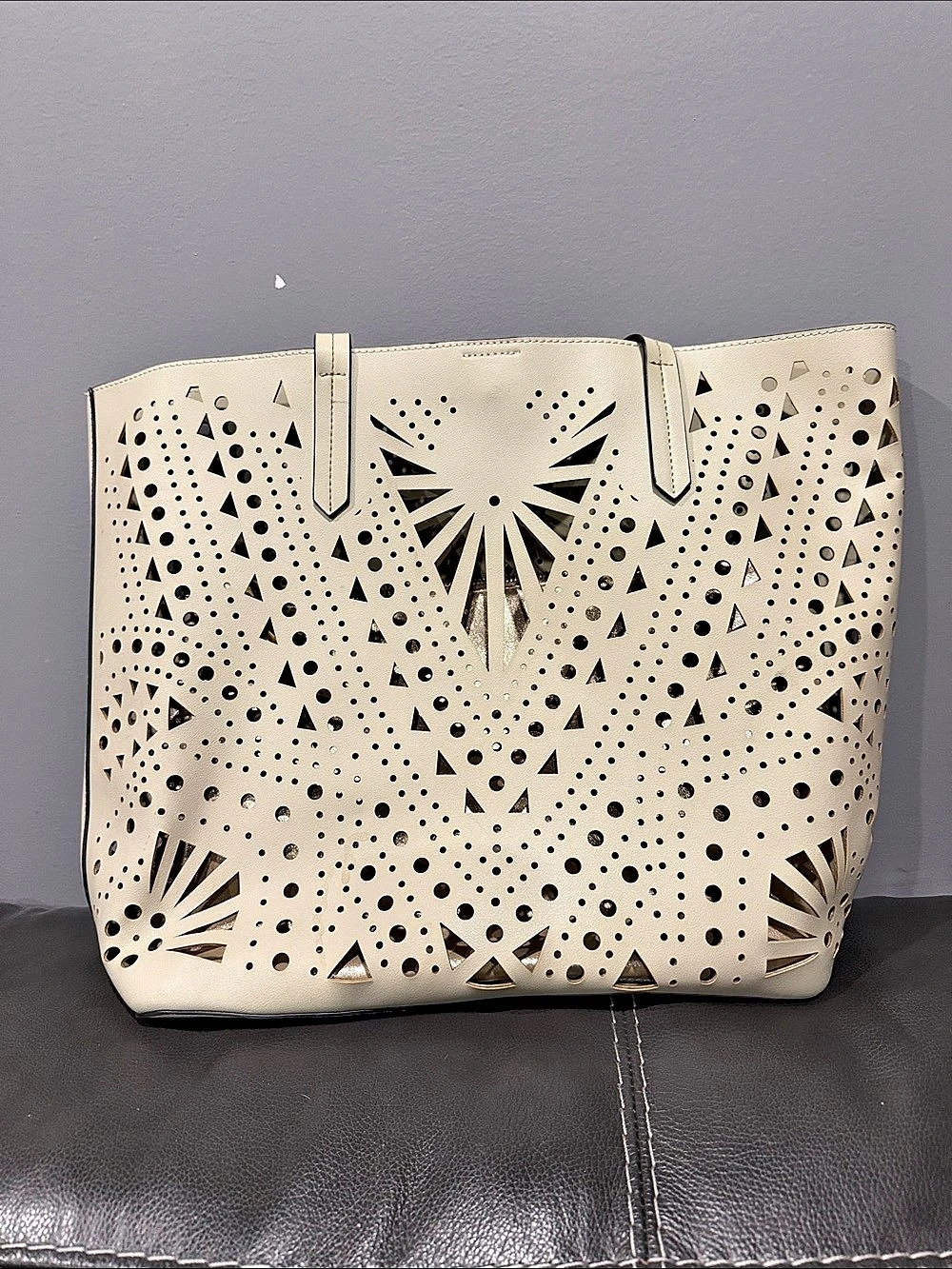 Large Laser-Cut Logo Tote Bag Cream & Gold